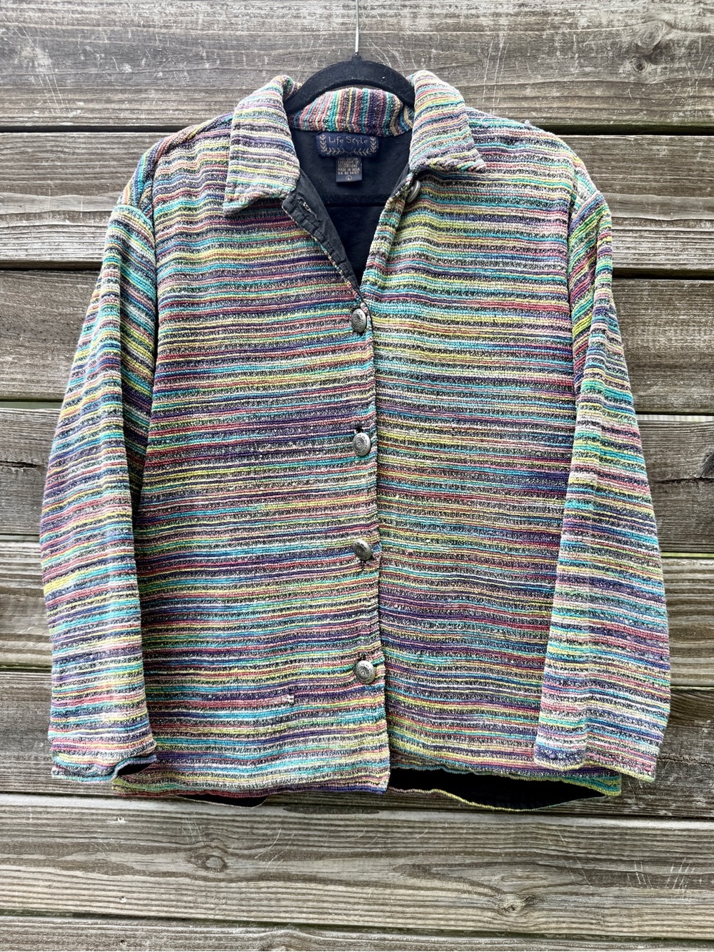 Artsy Space Dye Corded Striped Shacket Jacket L Multi Rainbow Tweed Life Style